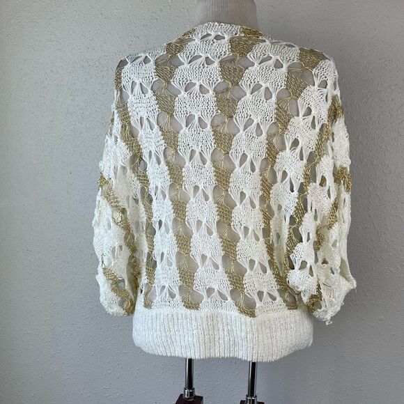 EUC Mechant Womens Woven White and Gold 3/4 Sleeve Sweater Size S - Picture 4 of 6
